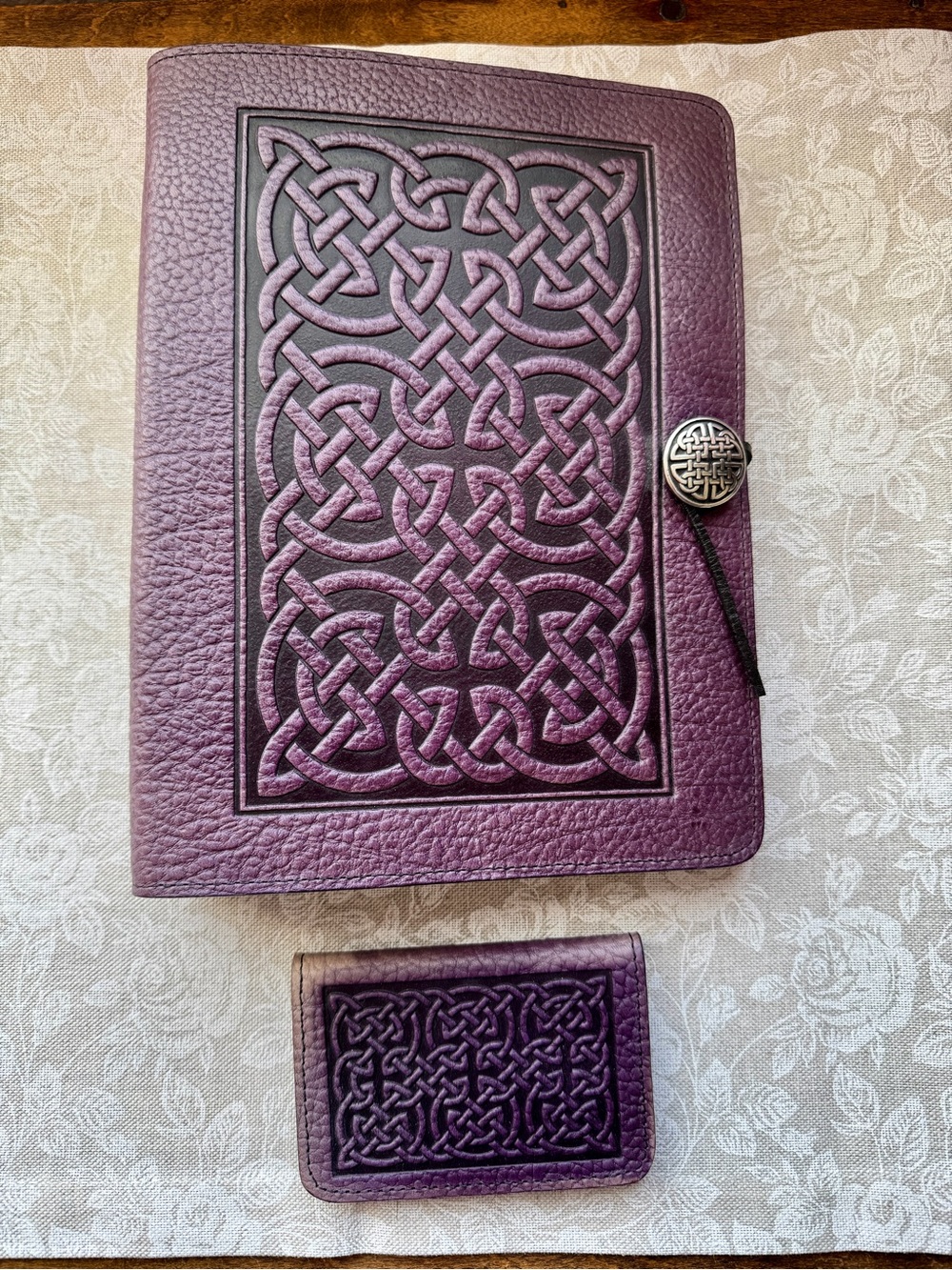 Oberon Design Celtic Leather Journal Cover and Card Holder Set- Purple